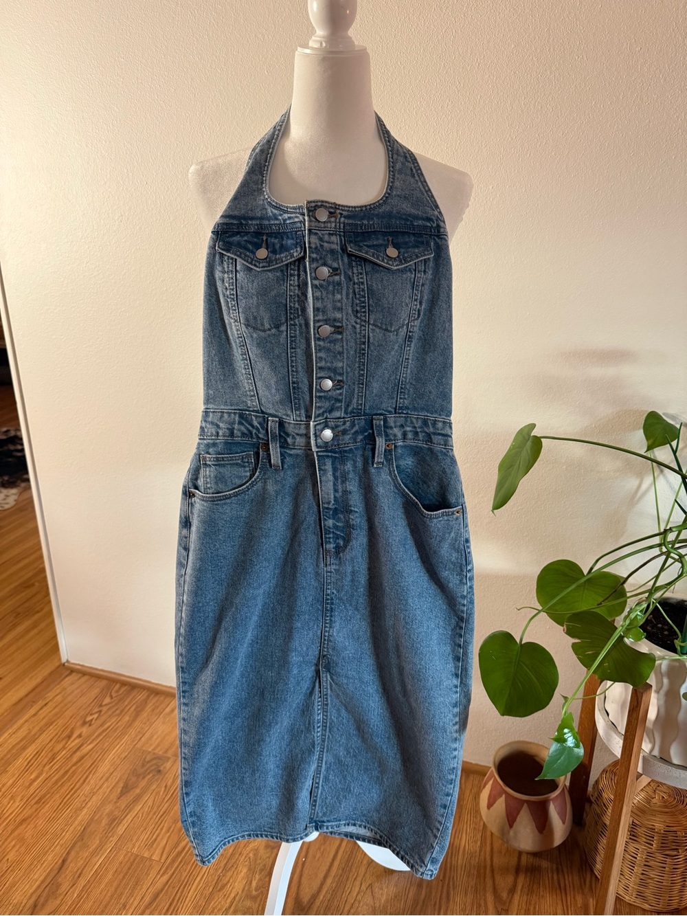 Denim Halter Button-Front Midi Dress in Medium Blue NWOT